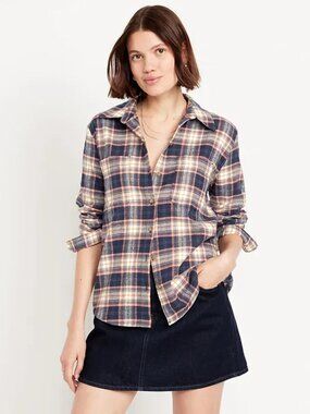 Old Navy Women's Plaid Button-Down Shirt - Navy/Pink